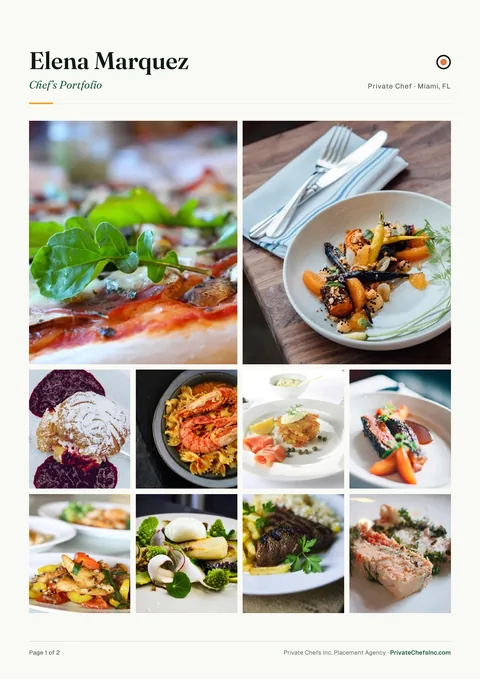 Page one of a culinary portfolio PDF with its layout labelled